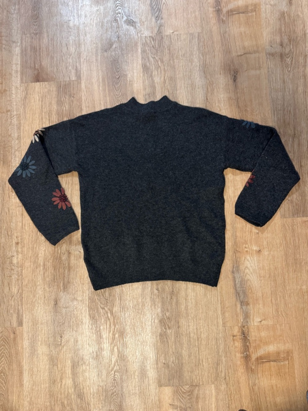 CHARLIE B Charcoal Crewneck Sweater with Multicolor Floral Embroidery - Picture 6 of 11